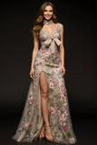 Floral Champagne A Line Long Formal Dress With Bows