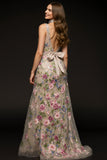 Floral Champagne A Line Long Formal Dress With Bows