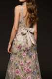 Floral Champagne A Line Long Formal Dress With Bows