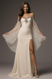 Ivory Beaded Long Sleeve Mermaid Formal Dress With Slit