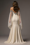 Ivory Beaded Long Sleeve Mermaid Formal Dress With Slit