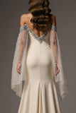 Ivory Beaded Long Sleeve Mermaid Formal Dress With Slit