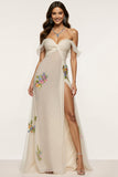 Off The Shoulder Ivory Appliqued Floral Prom Dress With Slit