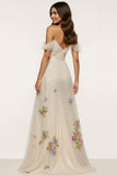 Off The Shoulder Ivory Appliqued Floral Prom Dress With Slit