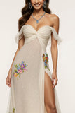 Off The Shoulder Ivory Appliqued Floral Prom Dress With Slit