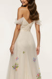 Off The Shoulder Ivory Appliqued Floral Prom Dress With Slit