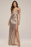 Sparkly Rose Golden Sheath Long Formal Dress With Slit