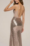 Sparkly Rose Golden Sheath Long Formal Dress With Slit