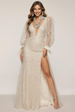 Gltter Ivory V-Neck Long Sleeve Formal Dress With Slit