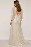 Gltter Ivory V-Neck Long Sleeve Formal Dress With Slit