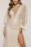 Gltter Ivory V-Neck Long Sleeve Formal Dress With Slit