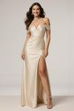Off The Shoulder Champagne Ruched Sheath Formal Dress