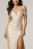 Off The Shoulder Champagne Ruched Sheath Formal Dress