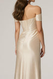 Off The Shoulder Champagne Ruched Sheath Formal Dress