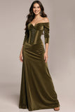 Off The Shoulder Green Velvet Formal Dress With 3/4 Sleeves