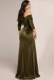 Off The Shoulder Green Velvet Formal Dress With 3/4 Sleeves