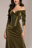 Off The Shoulder Green Velvet Formal Dress With 3/4 Sleeves