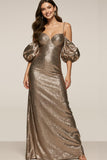 Sparkly Cold Shoulder Brown Sheath Long Formal Dress