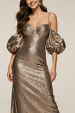 Sparkly Cold Shoulder Brown Sheath Long Formal Dress