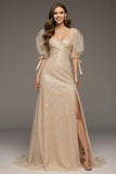 Champagne A-Line Puff Sleeve Maxi Dress with Slit