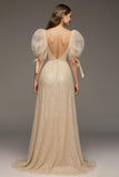Champagne A-Line Puff Sleeve Maxi Dress with Slit