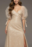 Champagne A-Line Puff Sleeve Maxi Dress with Slit