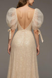 Champagne A-Line Puff Sleeve Maxi Dress with Slit