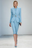 2-Piece Blue Peak Lapel Mini Business Suits With Belt