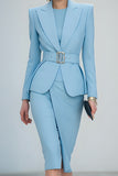 2-Piece Blue Peak Lapel Mini Business Suits With Belt