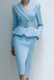Blue Pencil 2-Piece Peak Lapel Work Suits With Belt