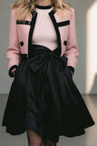 Black Pink 2-Piece Bow Tweed Skirt Suits With Pockets
