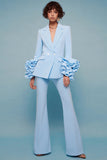 Blue 2-Piece Notched Lapel Women Suits With Ruffle Sleeves