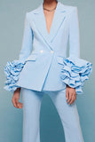 Blue 2-Piece Notched Lapel Women Suits With Ruffle Sleeves