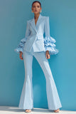 Blue 2-Piece Notched Lapel Women Suits With Ruffles