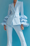 Blue 2-Piece Notched Lapel Women Suits With Ruffles