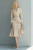 Light Khaki Peak Lapel Long Sleeve 2 Piece Skirt Suits