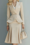 Light Khaki Peak Lapel Long Sleeve 2 Piece Skirt Suits
