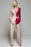 Light Khaki Red ColorBlock 2-Piece Notched Lapel Women Suits