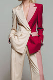 Light Khaki Red ColorBlock 2-Piece Notched Lapel Women Suits
