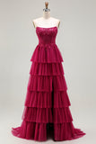 Fuchsia Strapless Tiered A-Line Corset Prom Dress With Slit
