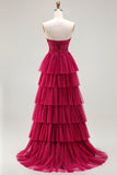 Fuchsia Strapless Tiered A-Line Corset Prom Dress With Slit