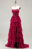 Fuchsia Strapless Tiered A-Line Corset Prom Dress With Slit