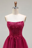 Fuchsia Strapless Tiered A-Line Corset Prom Dress With Slit