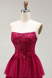 Fuchsia Strapless Tiered A-Line Corset Prom Dress With Slit