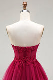 Fuchsia Strapless Tiered A-Line Corset Prom Dress With Slit