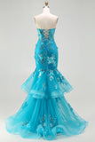 Strapless Blue Mermaid Ruffle Corset Prom Dress With Appliques