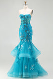 Strapless Blue Mermaid Ruffle Corset Prom Dress With Appliques