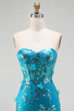 Strapless Blue Mermaid Ruffle Corset Prom Dress With Appliques