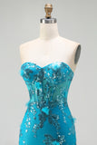 Strapless Blue Mermaid Ruffle Corset Prom Dress With Appliques