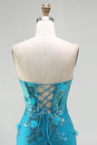 Strapless Blue Mermaid Ruffle Corset Prom Dress With Appliques